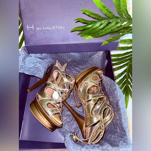 HALSTON 7.5 Gold Snakeskin Print Strappy Cut Out Platform Dancing Heels - Picture 3 of 15